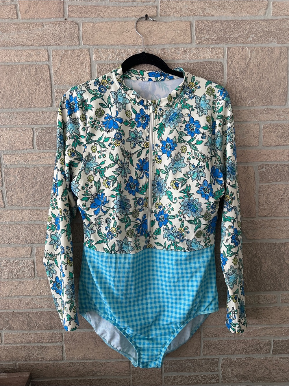 Lands End Mastectomy Paddle Suit Long Sleeve Tugless One Piece Gingham Blue 20W